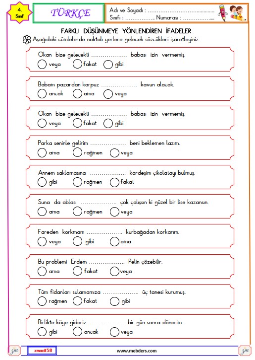 4. Sınıf Türkçe Farklı Düşünmeye Yönlendiren İfadeler Etkinliği 1